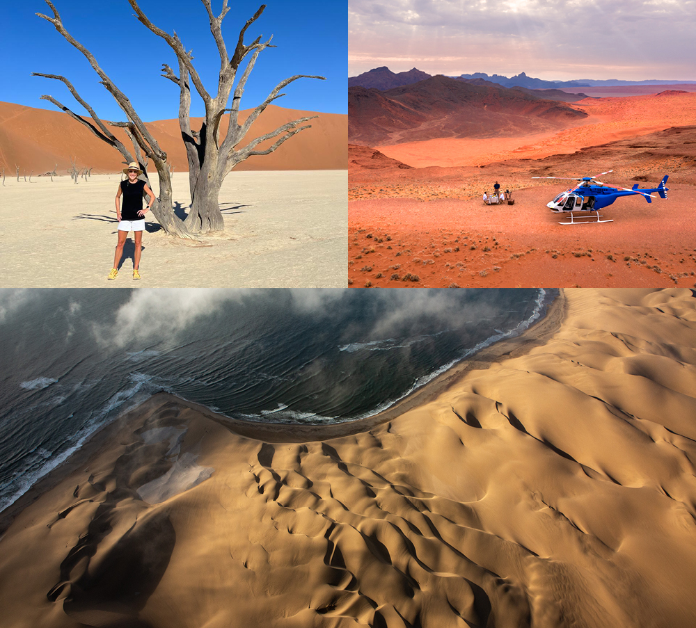 Image collage showing Safari consultant Camille Rowe of African Safari Consultants, on location in Deadvlei, Namib-Naukluft National Park, Namibia. Image collage also shows a couple dining in the Namib desert having flown in by helicopter as per a fly-in safari. 